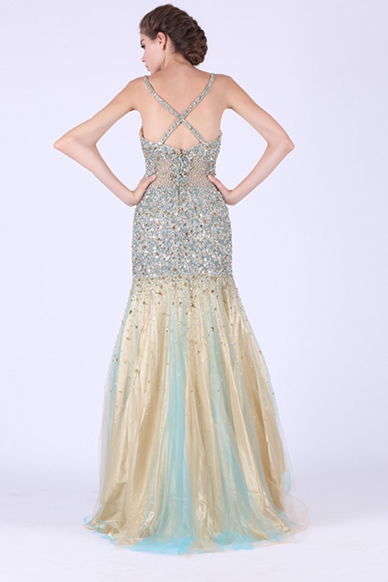 Prom Dresses Mermaid Spaghetti Straps With Beading Tulle