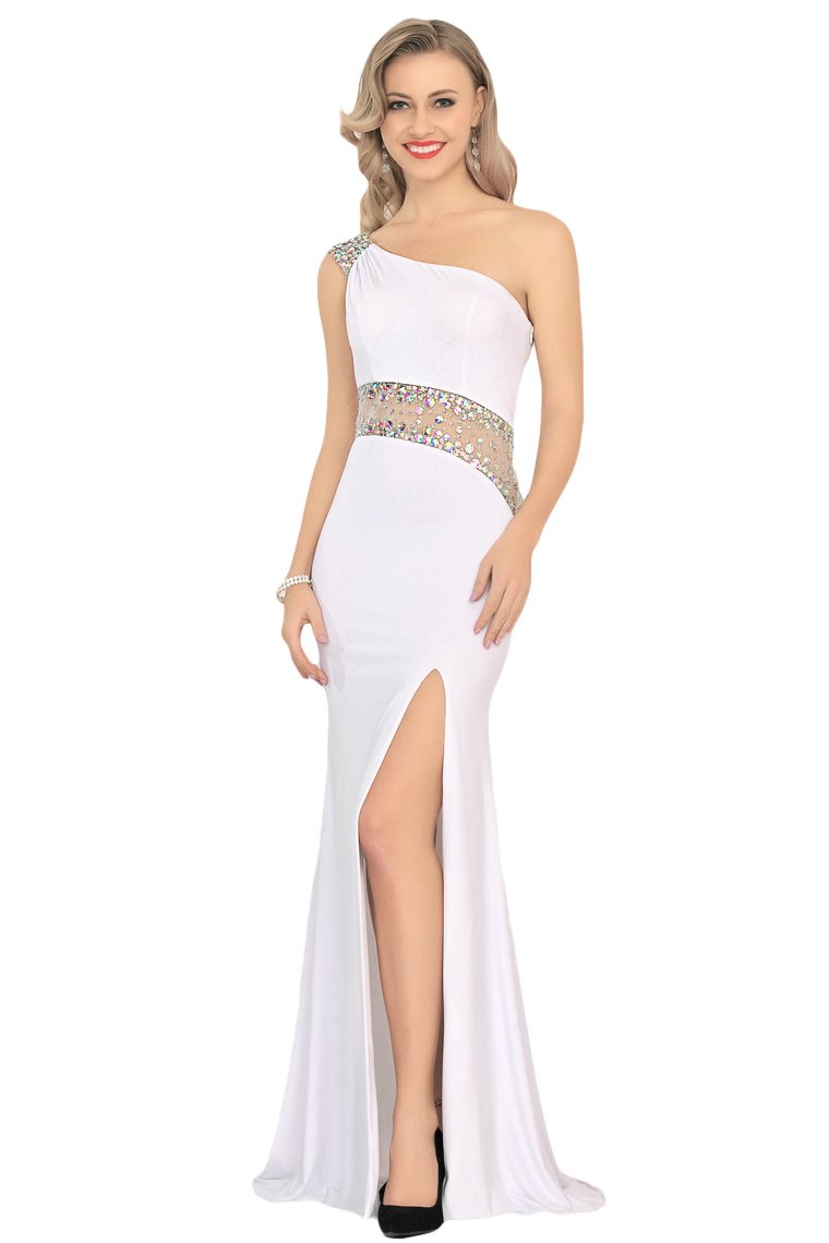 Spandex One Shoulder Mermaid Sweep Train Prom Dresses With Slit