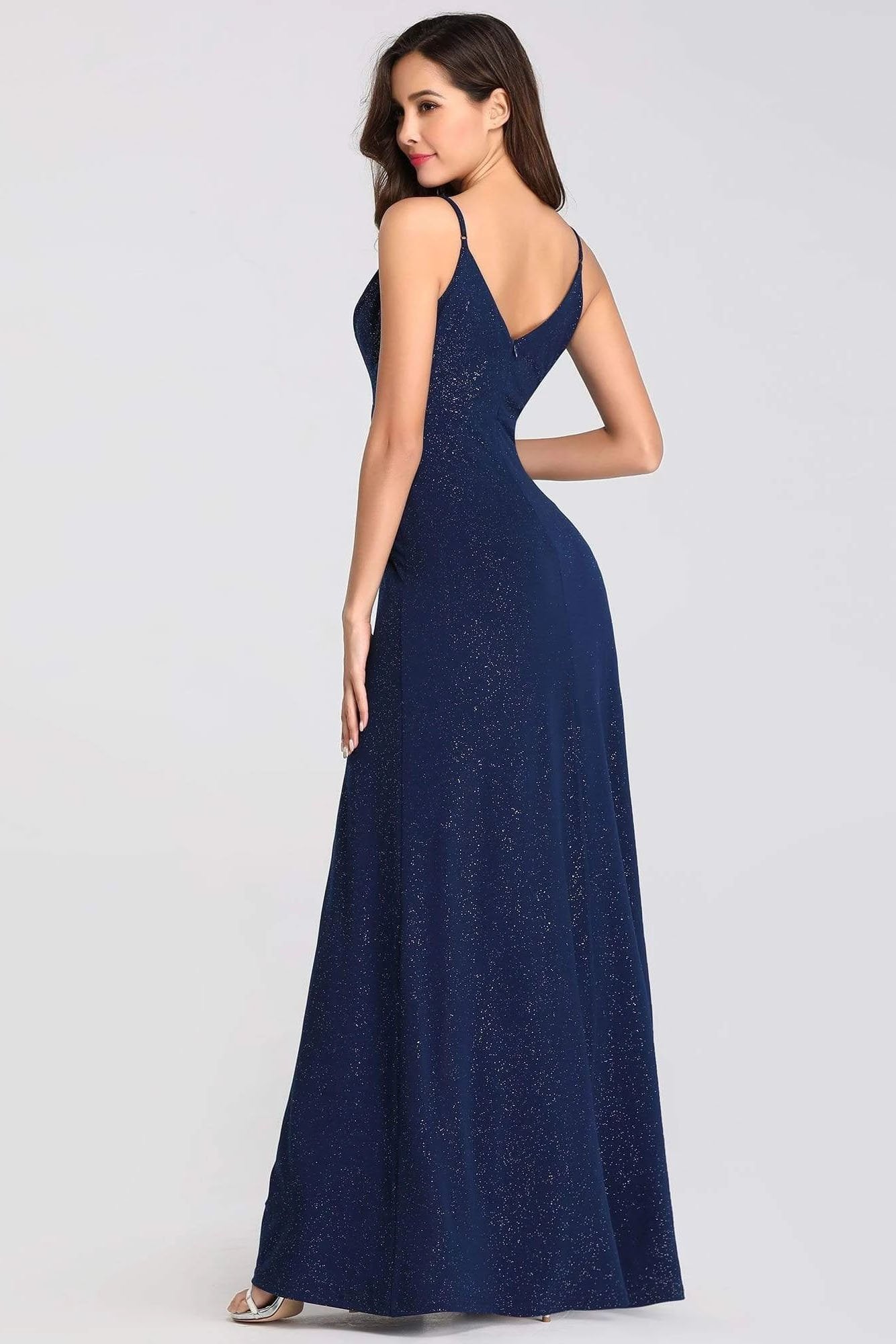 Sexy V Neck Long Spaghetti Straps Mermaid Navy Blue Prom Dresses with High Split SWK15366