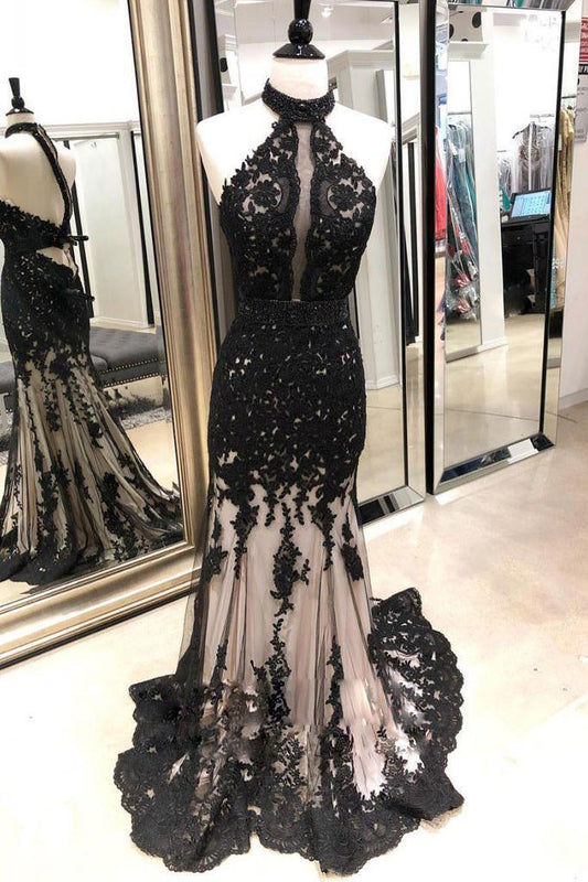 Black Lace Mermaid Long Tulle Halter Backless Beads Prom Dresses Cheap Evening SWK11203