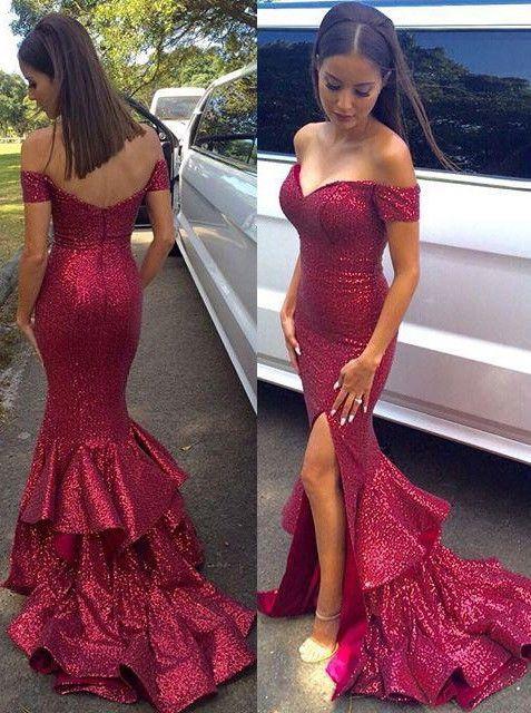 Red Mermaid Long Sequin Sexy Sweetheart Off-the-Shoulder Backless Custom Prom Dresses WK978