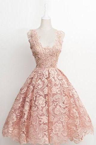 Vintage A-line Scalloped-Edge Knee-Length Lace Light Pink Prom Homecoming Dress WK874