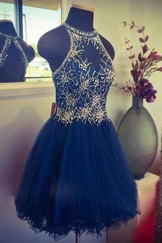 Modern Jewel Short Open Back Blue Homecoming Dress with Beading WK452