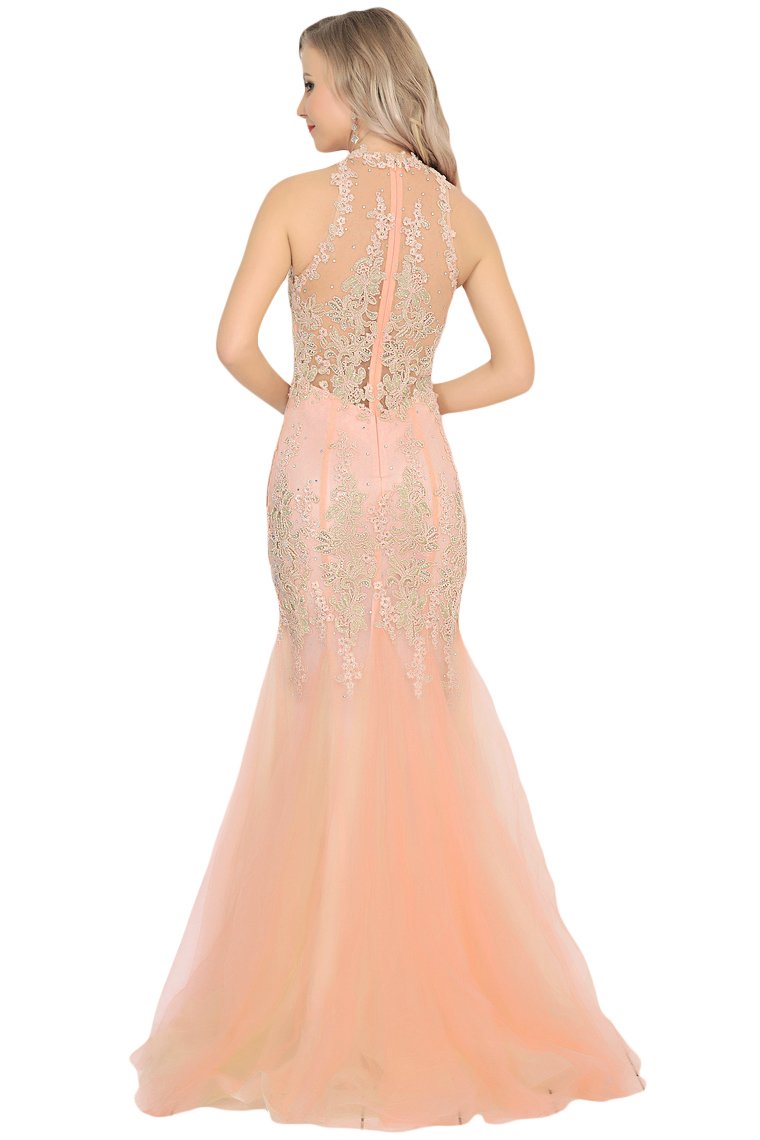 High Neck Tulle With Applique Mermaid Prom Dresses Sweep Train