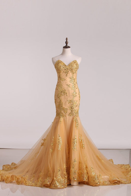 Tulle Sweetheart Mermaid/Trumpet With Gold Applique And Beads Evening Dresses