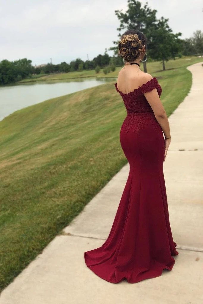 Mermaid Off the Shoulder Burgundy Prom Dresses with Slit, Lace Appliques Evening Dress SWK15264