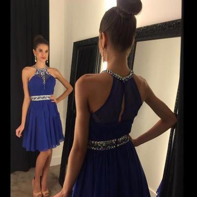 Royal Blue Chiffon Halter Short Best homecoming dress dresses for homecoming 16077