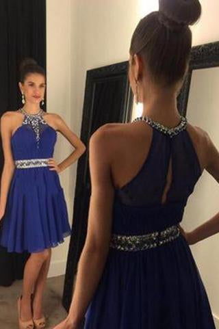 Royal Blue Chiffon Halter Short Best homecoming dress dresses for homecoming 16077