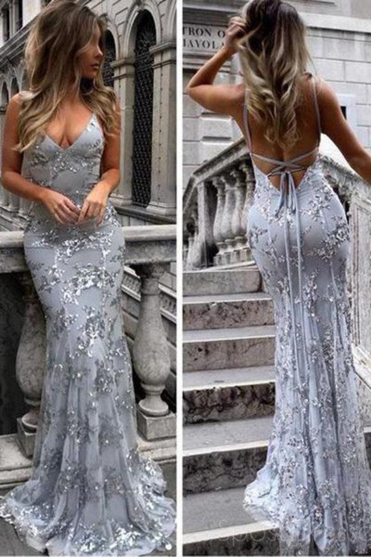 Sexy Backless Gray Sequin Lace Mermaid Long Evening Cheap Prom DressesProm Dresses