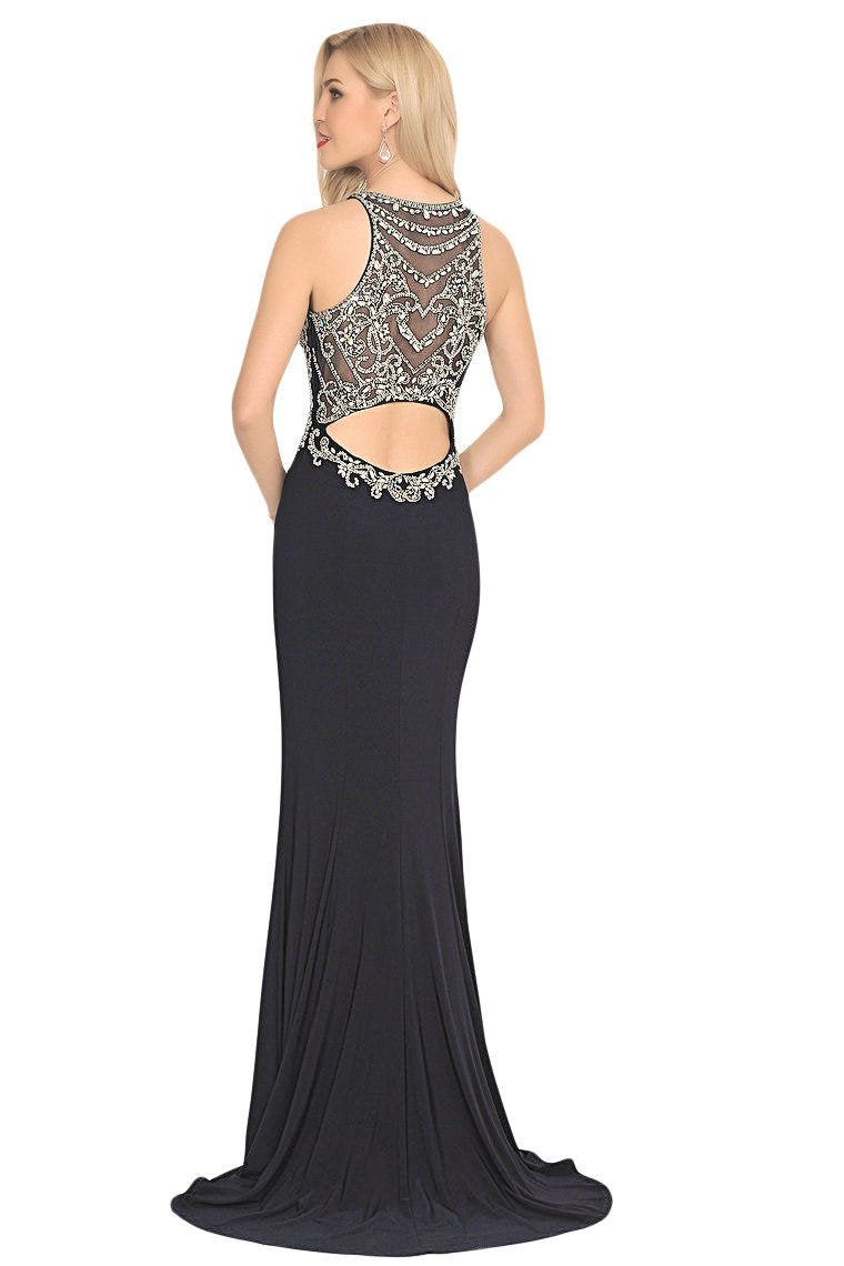 Spandex Scoop Open Back Beaded Bodice Prom Dresses Mermaid