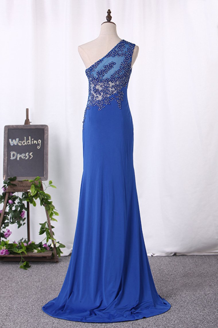 Mermaid One Shoulder Spandex Prom Dresses With Applique And Slit