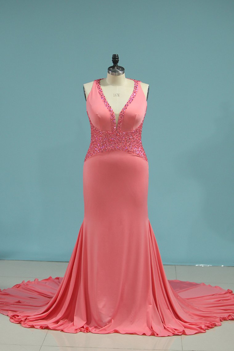 Prom Dresses Mermaid V Neck Open Back Spandex With Beads