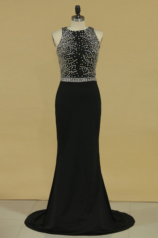 Prom Dresses Scoop Spandex With Beading Mermaid Sweep Train