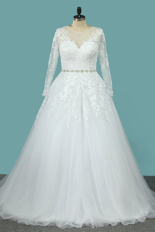 Wedding Dresses Scoop A Line With Beaded Belt Tulle With Appliques Sweep Train