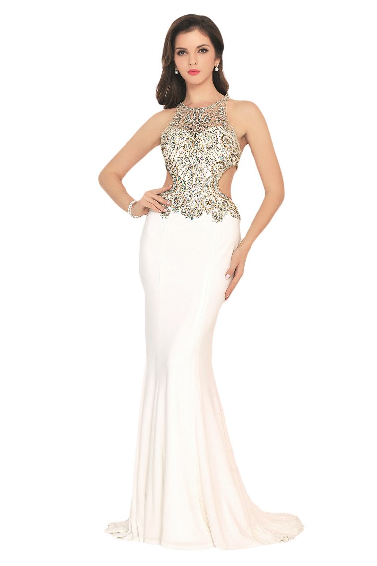 Prom Dresses Scoop Beaded Bodice Mermaid Spandex Open Back