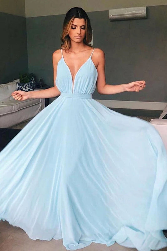 Simple A-Line V-Neck Light Blue Chiffon Spaghetti Long Prom Dresses