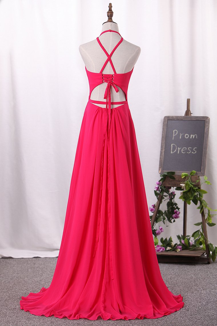 New Arrival A Line Chiffon Halter Open Back Prom Dresses