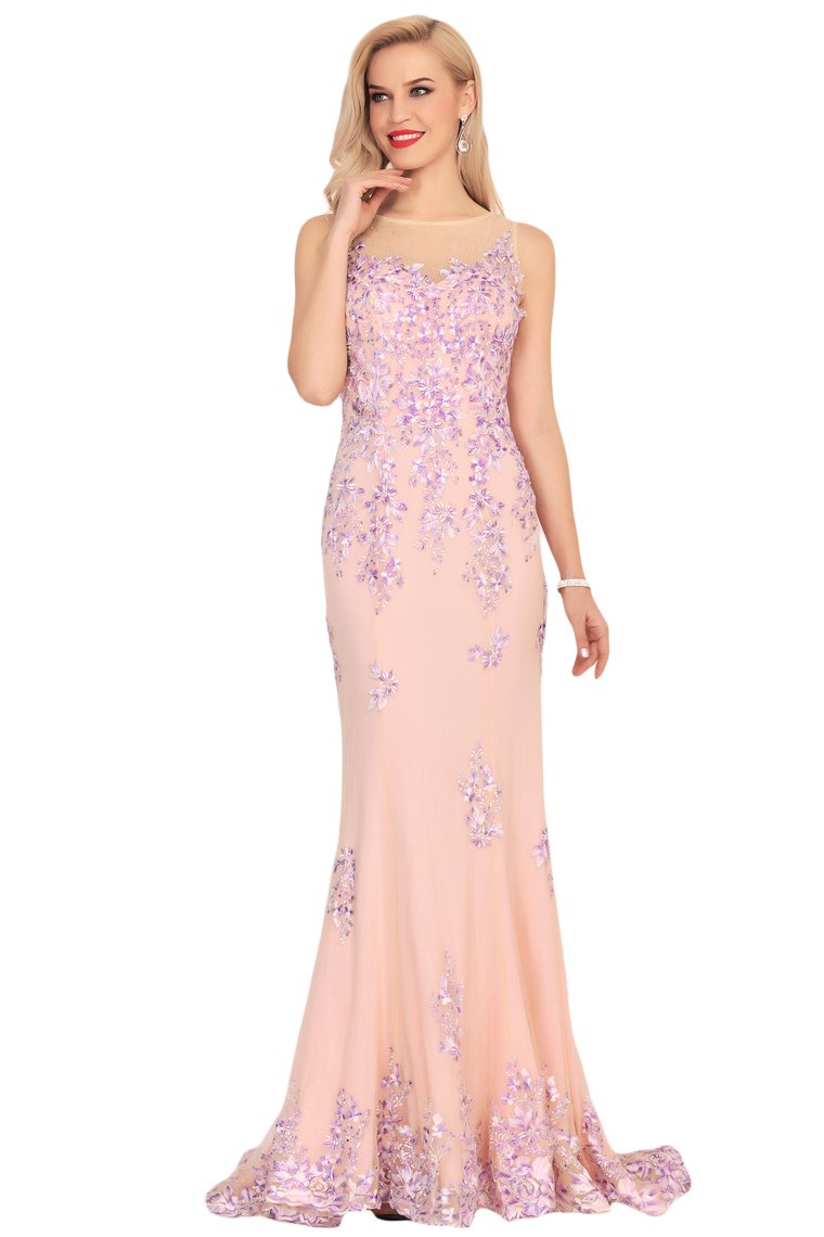 Mermaid Scoop Tulle Prom Dresses With Beads&Appliques Sweep Train