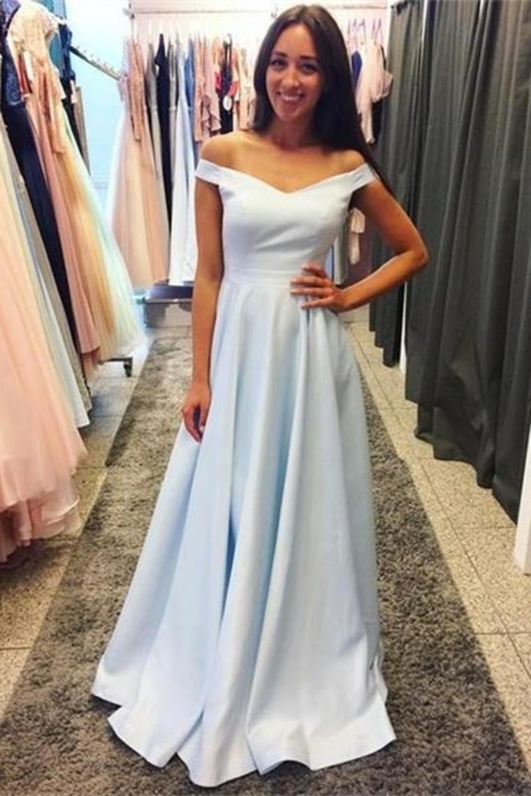 Charming Off The Shoulder Long Light Sky Blue Simple Prom Dresses