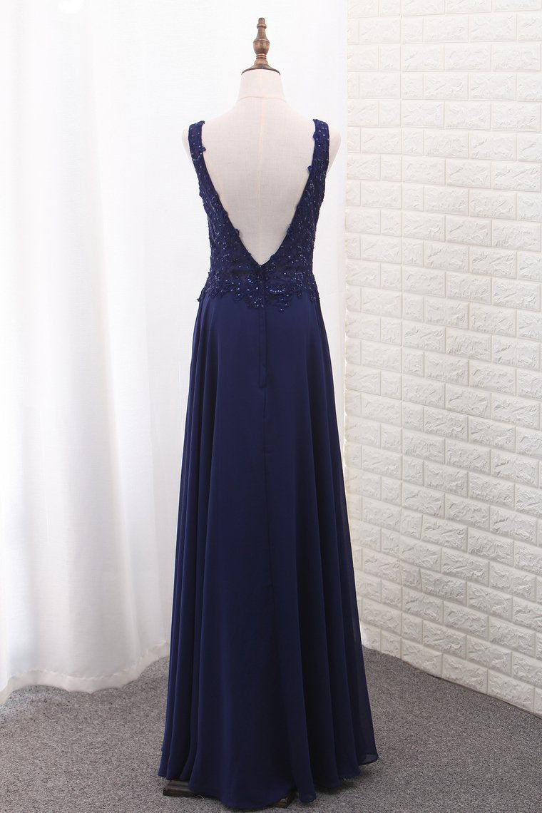 V Neck Open Back Chiffon Prom Dresses With Applique And Beads