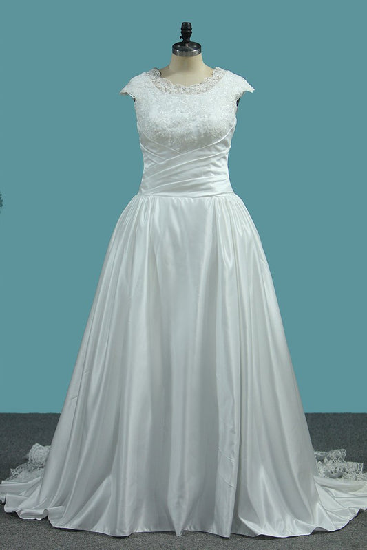 Scoop Cap Sleeve Wedding Dresses A Line Satin With Ruffles And Applique Sweep Train