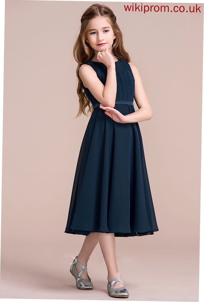 Ruffle A-Line Junior Bridesmaid Dresses Scoop Tiana Neck Chiffon With Tea-Length