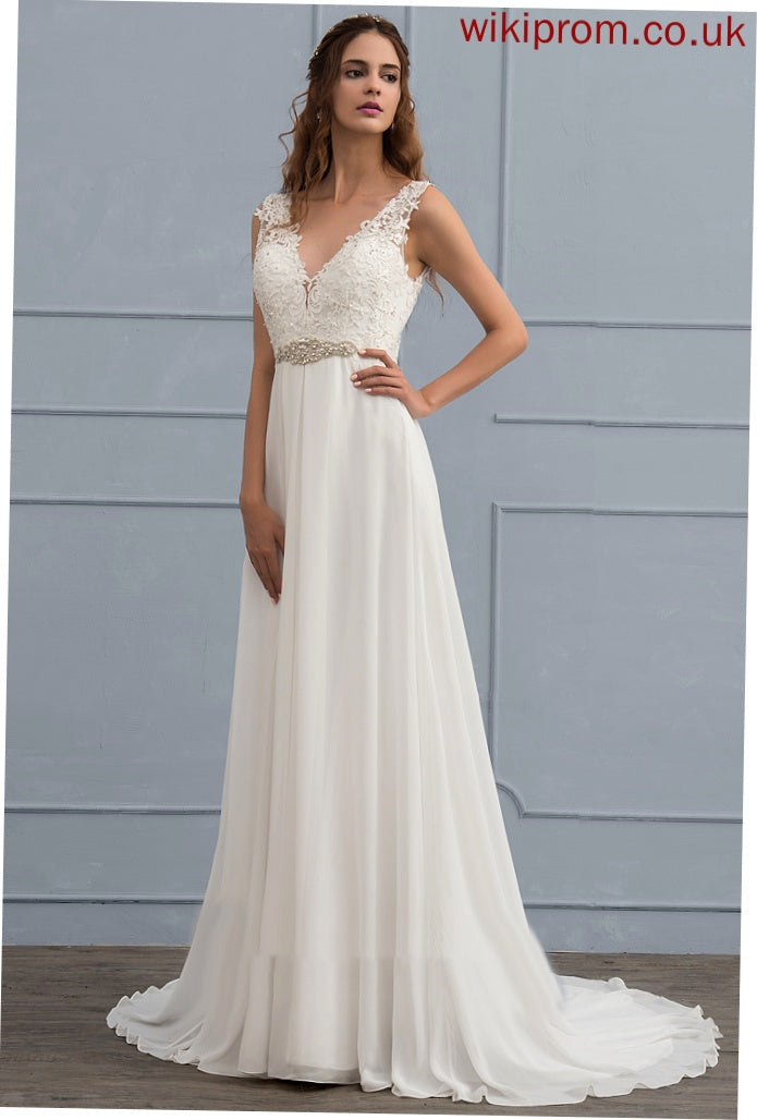 Beading Sequins Train Lace A-Line Court Dress Wedding Anabella V-neck Chiffon Wedding Dresses With