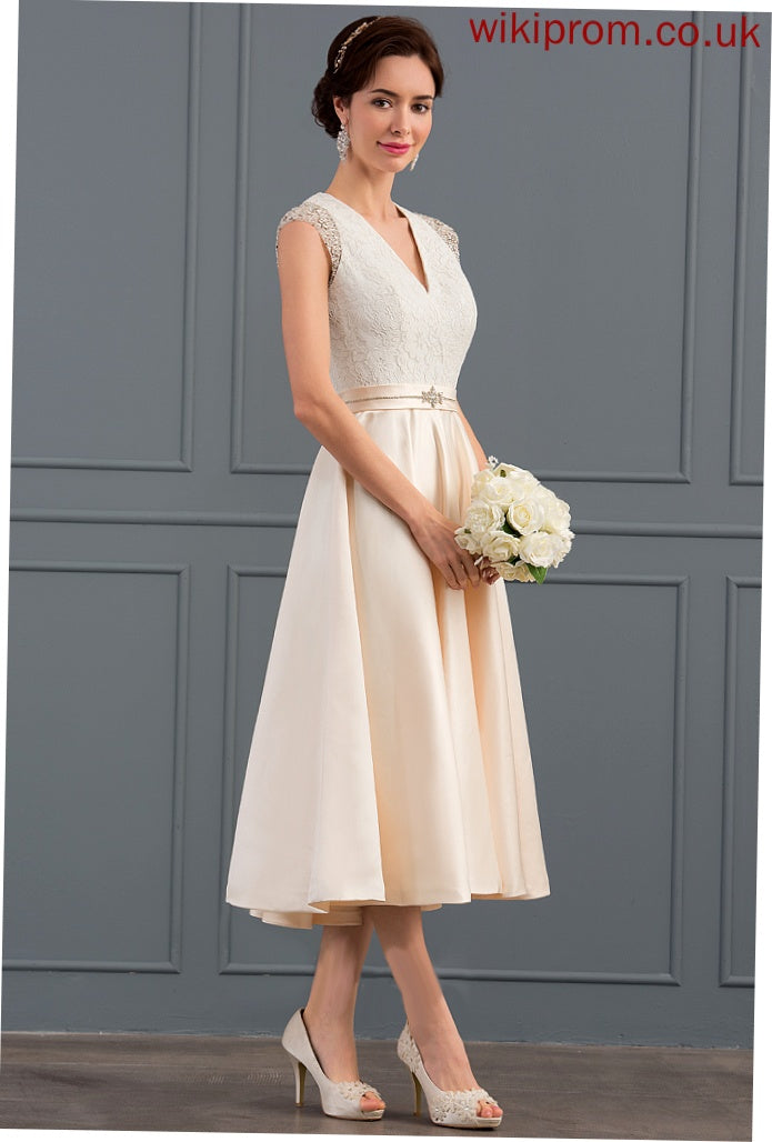 Satin Wedding Lace A-Line Jewel Wedding Dresses V-neck Tea-Length With Sequins Beading Dress