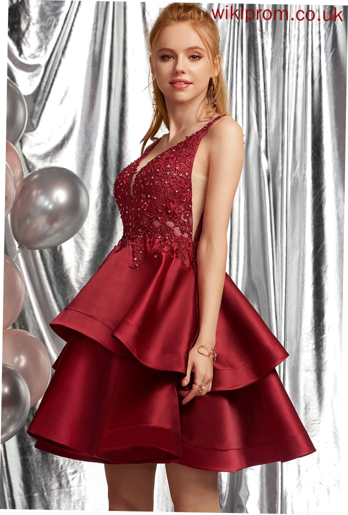 Beading Lace With Homecoming Satin Tina V-neck Homecoming Dresses Short/Mini Sequins Dress A-Line