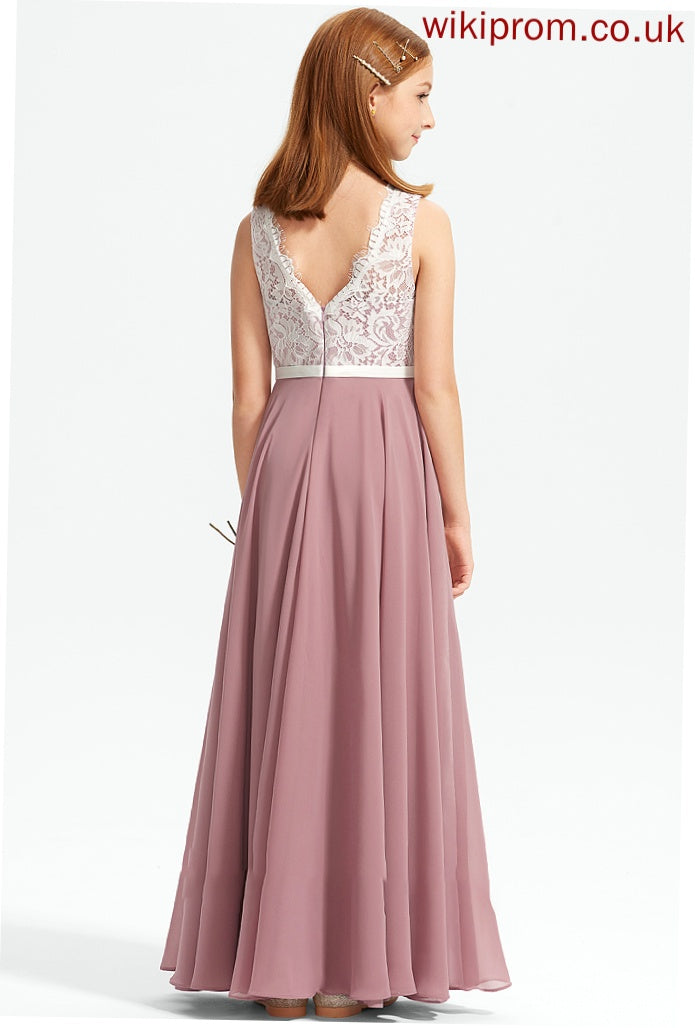 Junior Bridesmaid Dresses V-neck Chiffon A-Line Floor-Length Lace Ava