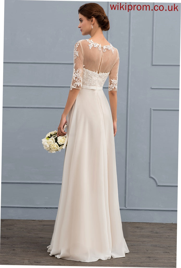 Bow(s) Dress Beading Litzy Lace With A-Line Chiffon Wedding Dresses Illusion Wedding Floor-Length Sequins