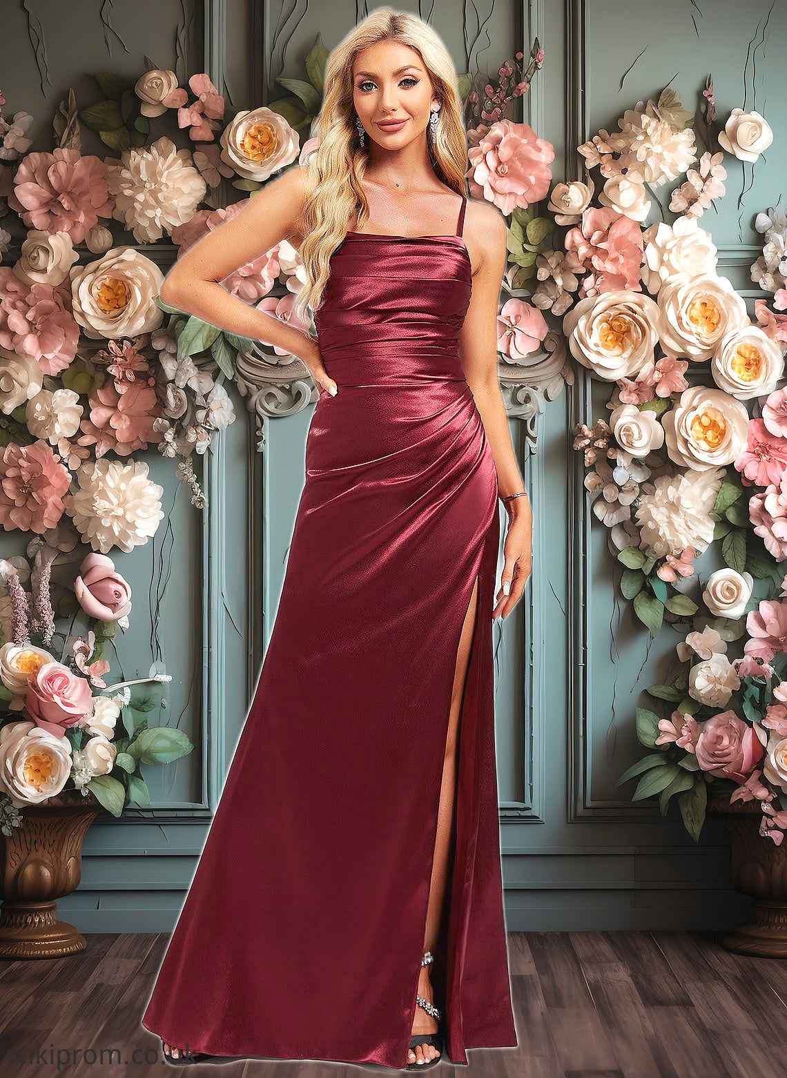 Naomi Trumpet/Mermaid Square Floor-Length Stretch Satin Prom Dresses With Ruffle SWKP0025875