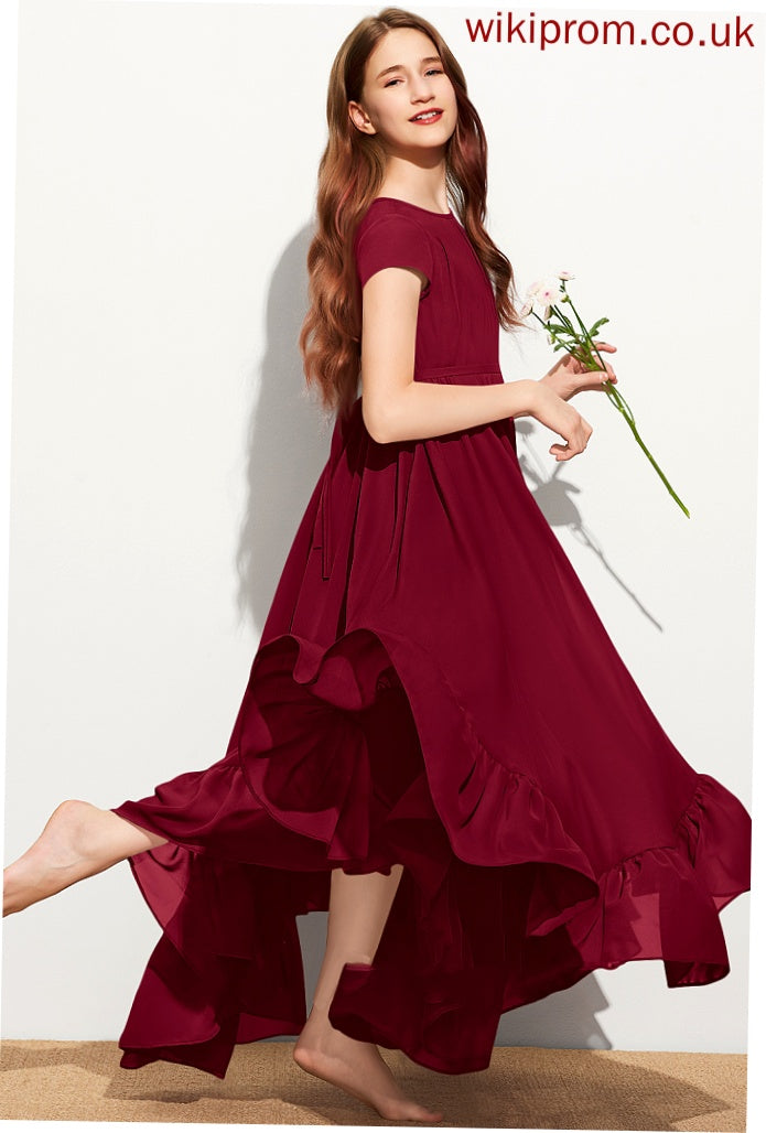 Ruffles Bow(s) Neck A-Line Junior Bridesmaid Dresses Chiffon Lace Floor-Length Appliques With Cascading Camilla Scoop