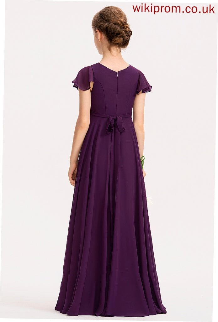 Bow(s) A-Line With Cascading Ruffles Floor-Length Junior Bridesmaid Dresses V-neck Chiffon Lizeth