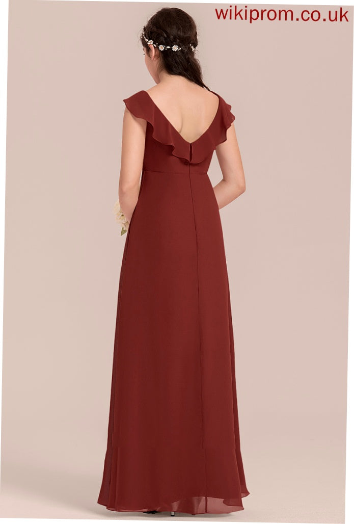 Chiffon V-neck Floor-Length Split Ruffles A-Line Cascading With Madeleine Junior Bridesmaid Dresses Front