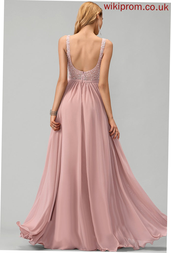 Sequins Floor-Length Hillary V-neck Chiffon A-Line With Beading Prom Dresses