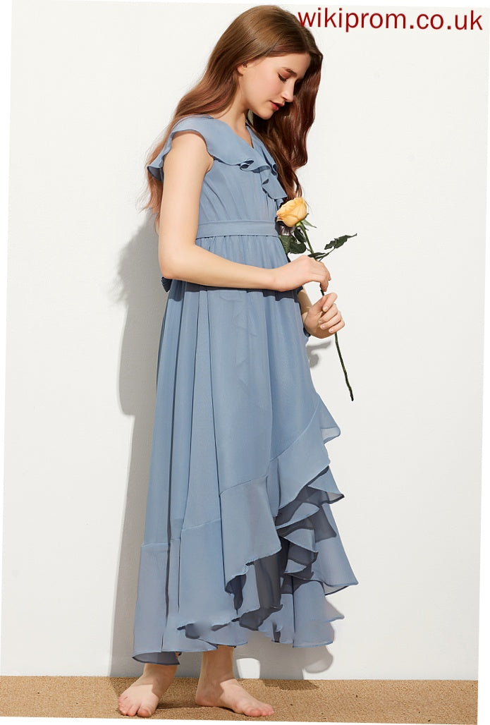 Chiffon Bow(s) Ruffles Cascading V-neck With A-Line Vivien Junior Bridesmaid Dresses Asymmetrical