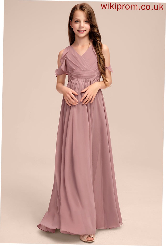 Ruffles Chiffon Floor-Length Junior Bridesmaid Dresses Kelly Cascading With V-neck A-Line