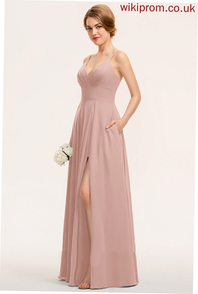 With Floor-Length Pleated V-neck Anabelle A-Line Chiffon Prom Dresses