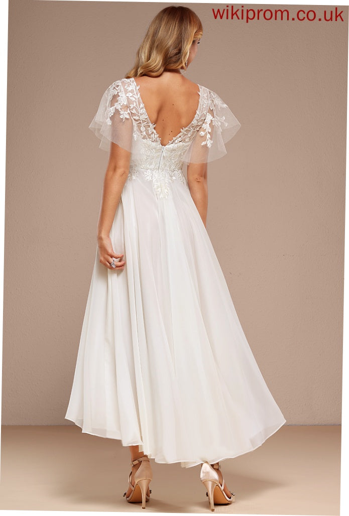 Asymmetrical Tulle Wedding Elvira Dress Lace Wedding Dresses V-neck Ruffle A-Line With