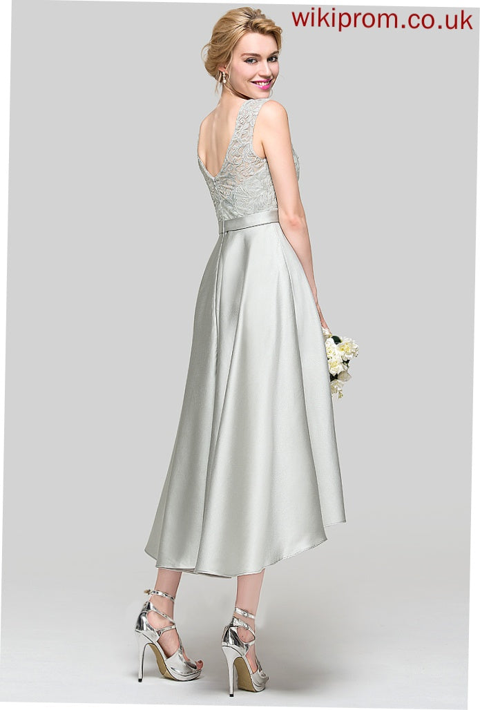 Length Straps Fabric Asymmetrical Silhouette Satin ScoopNeck Lace Neckline A-Line Itzel Bridesmaid Dresses