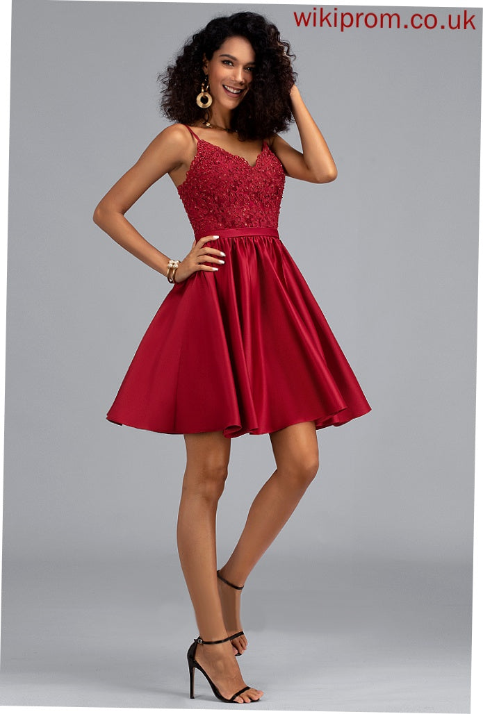 Satin Lace V-neck Beading Macy Dress Homecoming Dresses A-Line Homecoming With Short/Mini