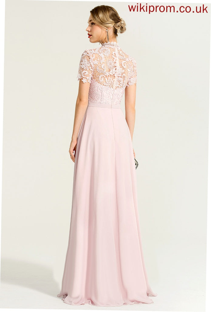 Chiffon Lace Floor-Length Yasmine Prom Dresses Neck High A-Line Illusion