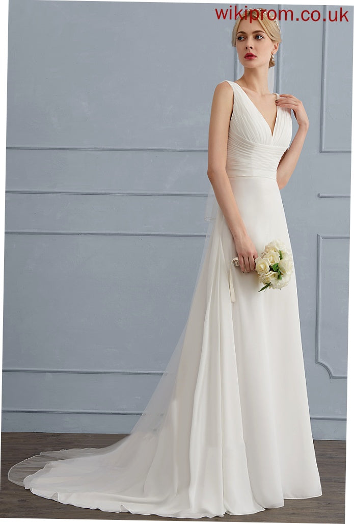 Dress Lace A-Line Wedding Danica Wedding Dresses Train Ruffle V-neck Sweep With Chiffon