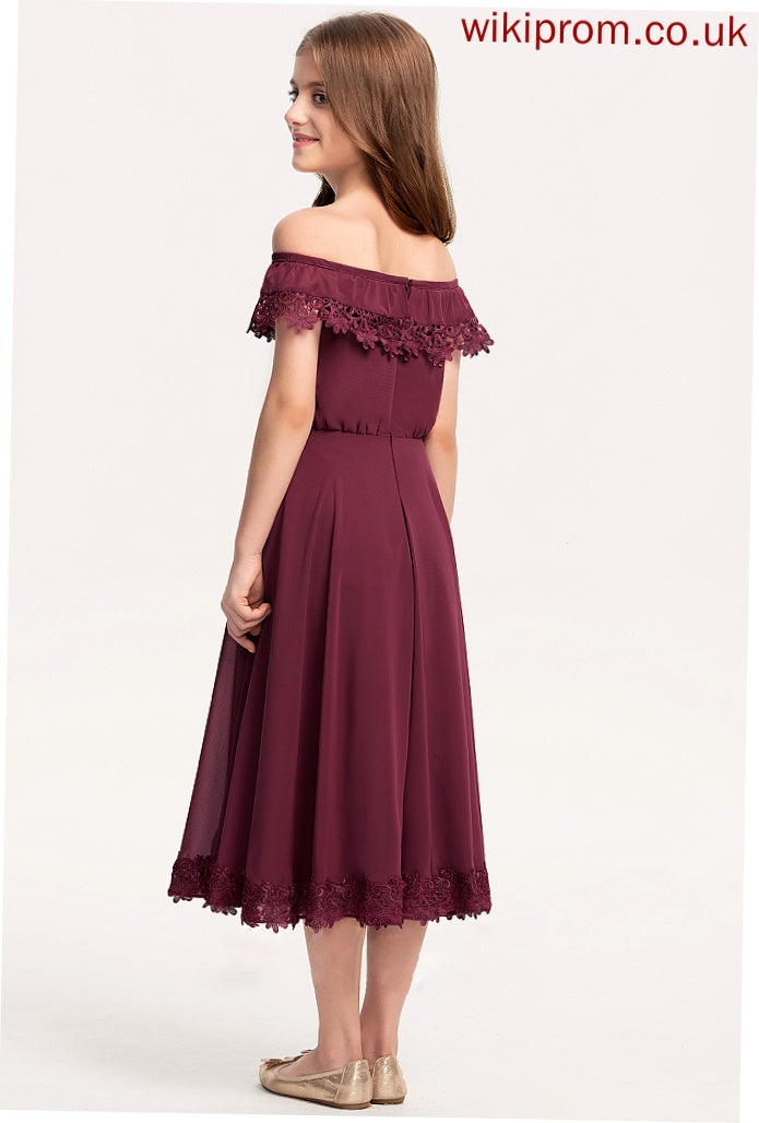 Tea-Length Off-the-Shoulder Junior Bridesmaid Dresses A-Line Lace Chiffon Ellen