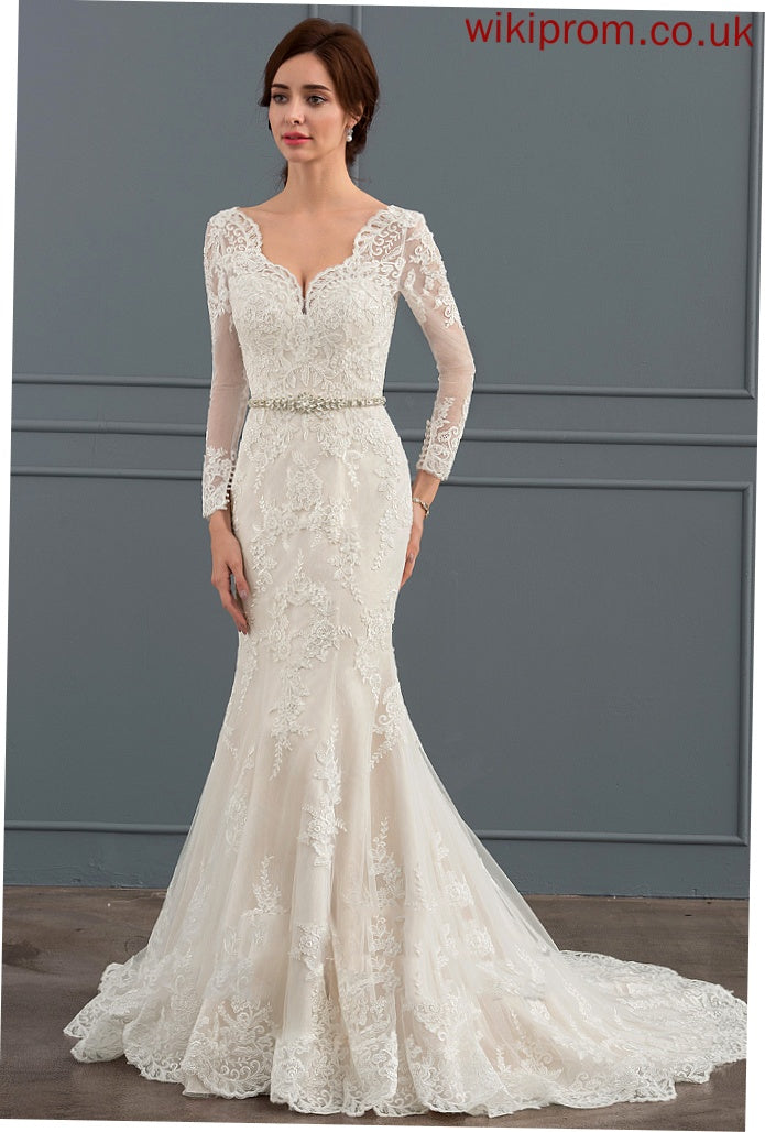 With Court Train Lace Anaya Trumpet/Mermaid Tulle Dress V-neck Wedding Dresses Wedding Beading