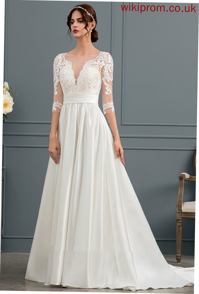 Matilda Court Train Wedding Ball-Gown/Princess Ruffle Dress Lace With Scoop Neck Satin Wedding Dresses