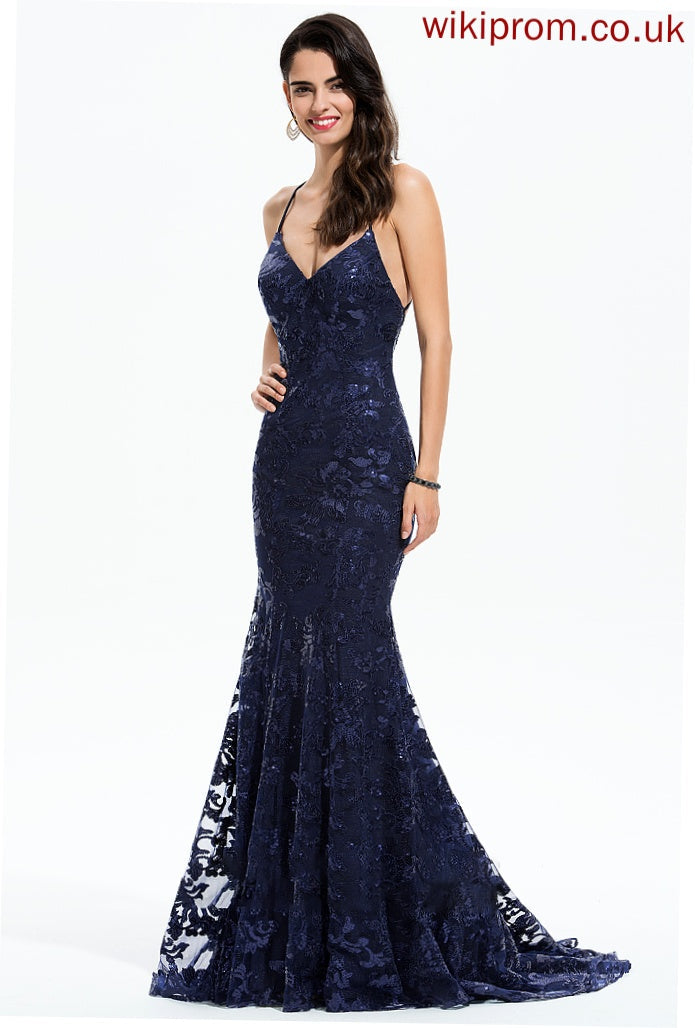 Train Sequined Sequins Sweep Trumpet/Mermaid V-neck Prom Dresses With Destiney