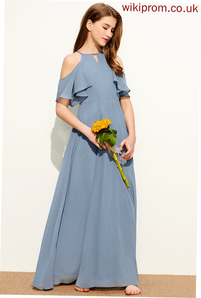 With Scoop Chiffon Neck Junior Bridesmaid Dresses Floor-Length A-Line Ruffles Cascading Taylor