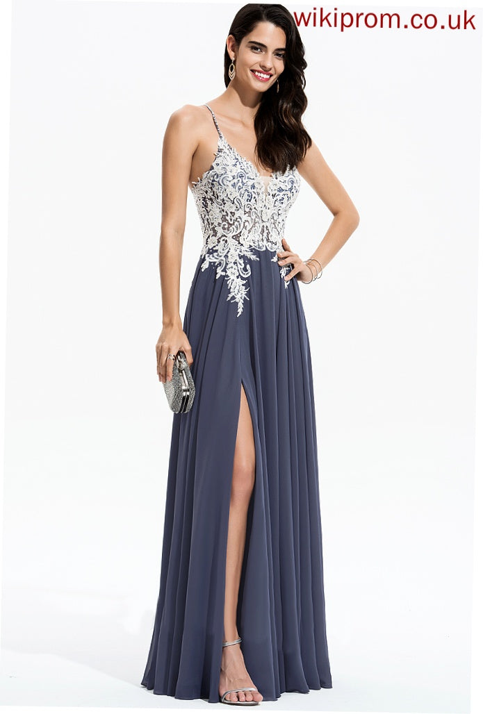 With Aliza Sequins Floor-Length Beading A-Line Chiffon Prom Dresses V-neck